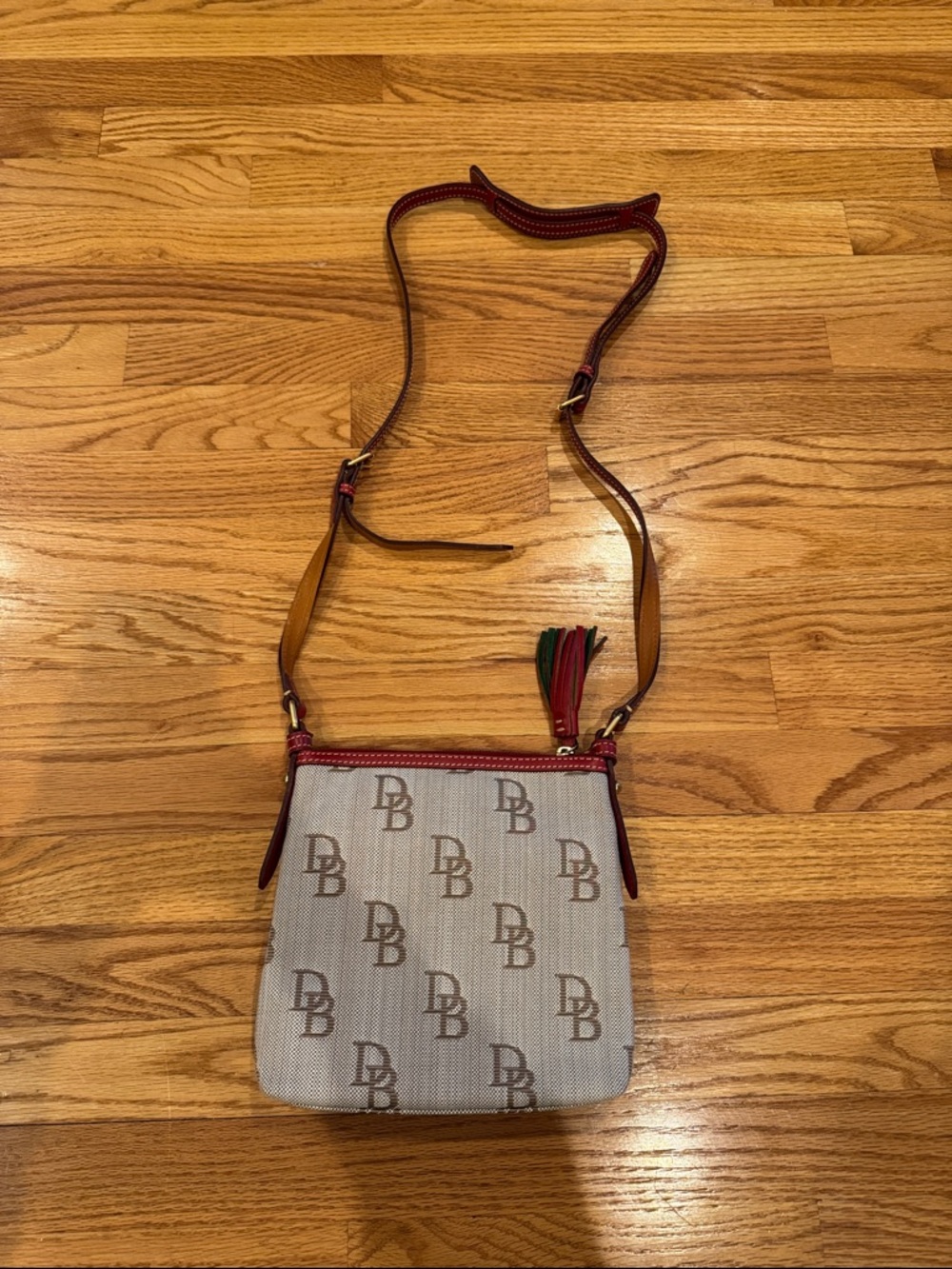 Dooney & Bourke Beige Monogram Crossbody with Red Trim
